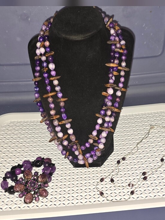 Jewelry - Multi-Strand Purple Beaded Necklace with Natural Accent Spacers